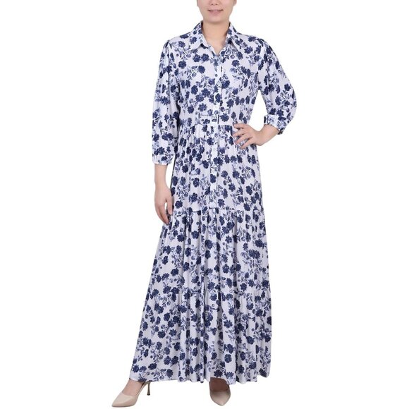NWT Ny Collection Petites Crinkle Tiered Maxi Dress PCOD0984 Blue / White PL - Picture 1 of 5